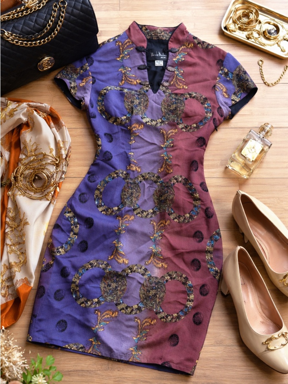 Nicole Miller Purple and Burgundy chinoiserie Mandarin Mini Dress women’s size 2